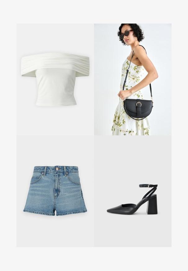 Off-the-shoulder witte top met geplooide, gestructureerde halslijn en aansluitende lijfje. Gemaakt van zachte stof met een gladde textuur.; Lichtblauwe denim shorts met een hoge taille, rafelige zoom, contrasterende stiksels en voorzakken. Inclusief een metalen knoop en merklabel.; Zwarte leren puntige pump met een enkelbandje en een chunky hak. Vlakke textuur, strakke vormgeving en minimalistische esthetiek.; Zwarte leren handtas met een gebogen vorm, afneembare schouderband en gouden hardware. De tas heeft een klep met een gespsluiting.