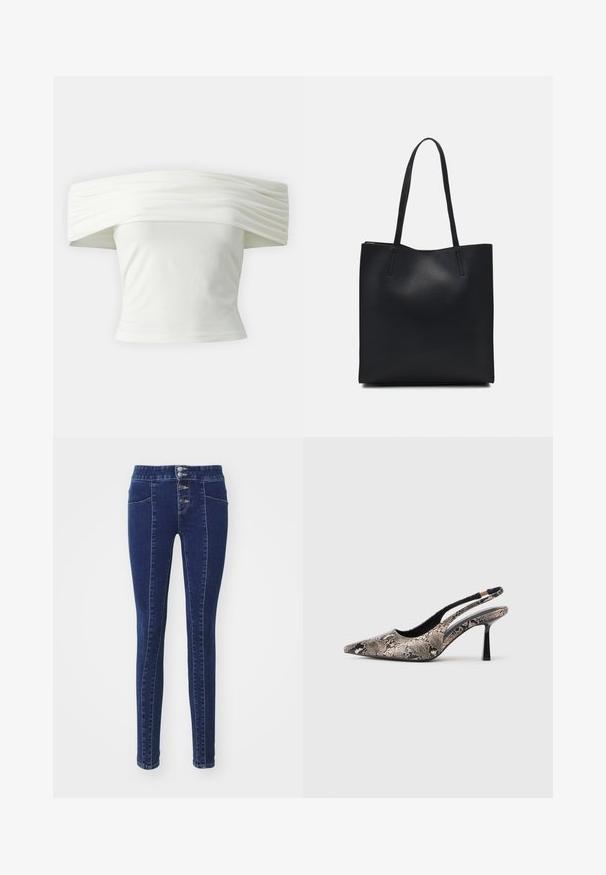 Valkoinen olkaimeton toppi, jossa on laskostettu, rakenteellinen kaula-aukko ja tiukka vartalo. Valmistettu pehmeästä kankaasta, jossa on sileä pinta.; Tummansiniset farkut korkealla vyötäröllä, viiden napin sulkemisella, kahdella etutaskulla ja kapealla leikkauksella. Sileä pinta.; Kengät, joissa on kärki terävä ja slingback-malli, valmistettu tekstuurista matelijannahkaa muistuttavasta materiaalista. Niissä on hoikka musta korko ja leikattu muotoilu sivuilla.; Mustapahkainen kangaskassi, jossa on sileä pinta, suorakaiteen muotoinen ja kaksi pitkää kahvaa. Ei näkyvää metalliosaa tai koristeita.