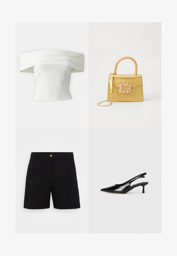 Biely top bez ramienok s prešívaným, strukturovaným dekoltom a priliehavým telom. Vyrobený z mäkkej látky s hladkou textúrou.; Čierne ľanové šortky s elegantným dizajnom, ktoré majú jeden drevený gombík v páse a ohnutý lem. Hladký povrch so bočnými vreckami.; Čierne lakované slingback opätky s špicatou špičkou, tenkým opätkom a nastaviteľným prackovým remienkom. Hladká textura s minimálnym zdobením.; Žltá falošná krokodília kabelka so štruktúrovaným dizajnom, horným držadlom, odnímateľným reťazovým popruhom a dekoratívnym kryštálovým ozdobením na zapínaní.