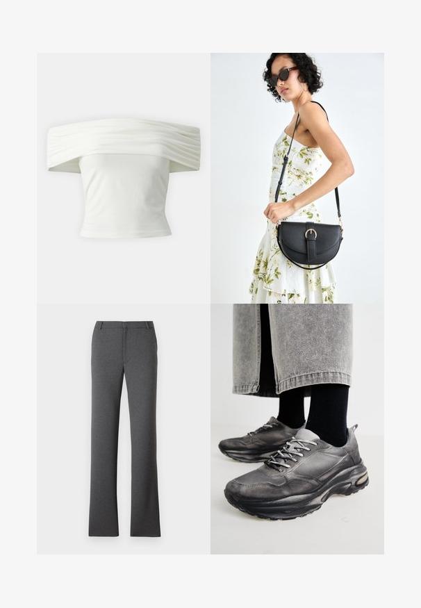 Off-the-shoulder witte top met geplooide, gestructureerde halslijn en aansluitende lijfje. Gemaakt van zachte stof met een gladde textuur.; Grijze broek met een rechte pijpdesign. Gemaakt van een gestructureerde stof, met een platte voorkant en riemlussen. Geen zichtbare patronen of hardware.; Zwarte en grijze sport schoenen hebben een mesh bovenkant, dikke zolen en veters. Ze hebben een ronde neus en zichtbare dempingsdetails.; Zwarte leren handtas met een gebogen vorm, afneembare schouderband en gouden hardware. De tas heeft een klep met een gespsluiting.