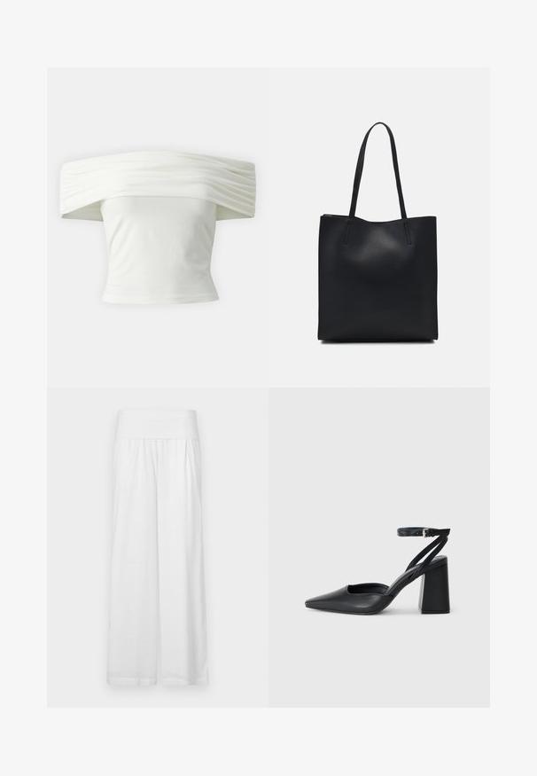 Off-the-shoulder white top with pleated, structured neckline and fitted bodice. Made from soft fabric with a smooth texture.; White wide-leg pants with a high, elastic waistband. Made from a lightweight, textured fabric. No visible patterns or embellishments.; Black leather pointy-toe pump with an ankle strap and a chunky heel. Flat texture, sleek design, and minimalistic aesthetics.; Black leather tote bag with smooth texture, rectangular shape, and two long handles. No visible hardware or embellishments.