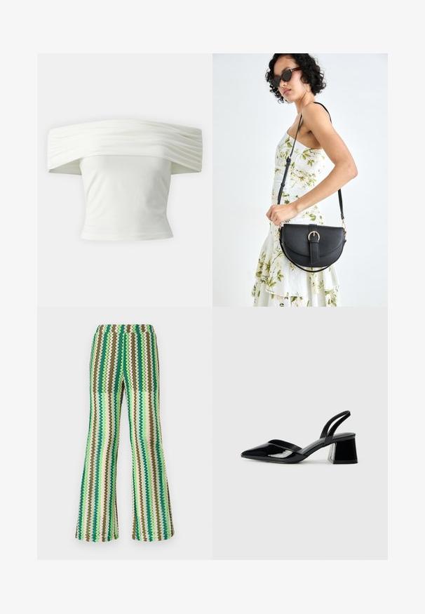 Bela majica s spuštenimi rameni, z nabranim in strukturiranim izrezom ter tesnim pasom. Narejena iz mehkega blaga z gladko teksturo.; Pletene hlače s širokim krojem, ki vsebujejo zigzag vzorec v odtenkih zelene, rjave in kremne barve; elastičen pas; teksturirana površina.; Črne lakirane slingback pete s koničastim nosom in geometrijsko blokasto peto. Imajo eleganten, minimalističen dizajn in gladko teksturo.; Črna usnjena torbica s ukrivljeno obliko, z odstranljivo naramnico in zlatimi dodatki. Torbica ima pokrov s podrobnostmi v obliki zaponke.