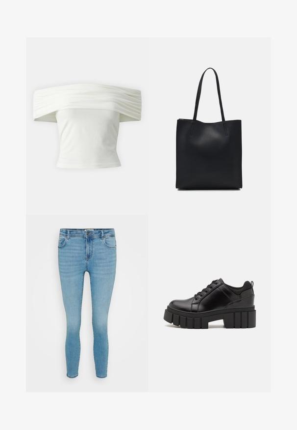 Váll alatt viselhető fehér blúz, redőzött, struktúrált dekoltázzsal és szabott, testhezálló fazonnal. Puha anyagból készült, sima textúrával.; Világoskék, rugalmas denim farmernadrág, slim fit szabásban, öt zsebes dizájnnal, finom kopásokkal, cipzáros zárással és fém gombbal.; Fekete bőr platform cipők vaskos blokk sarkakkal, kerek orral és hagyományos fűzős kialakítással. Simára csiszolt felület és minimális részletezés jellemzi.; Fekete bőrtáska sima felszínnel, téglalap alakú, két hosszú füllel. Nincs látható fémkiegészítő vagy díszítés.
