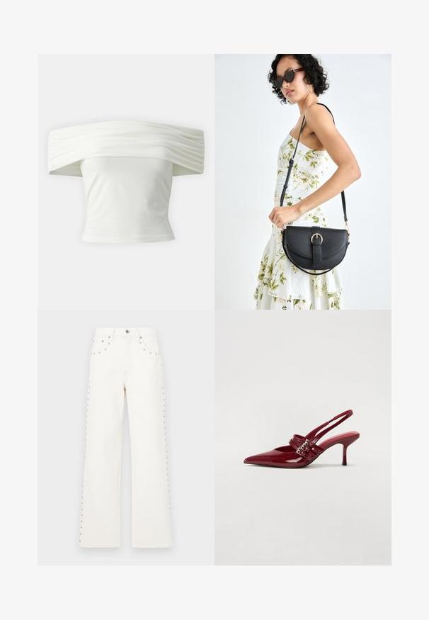 Váll alatt viselhető fehér blúz, redőzött, struktúrált dekoltázzsal és szabott, testhezálló fazonnal. Puha anyagból készült, sima textúrával.; Fehér denevér széles szárú farmer, oldalán és elöl szegecses díszítéssel, gombos záródással. Erősített zsebek és klasszikus szabás jellemzi.; Piros lakkbőr slingback sarokcipő, hegyes orral, két csatoló pánttal és vékony, közepes magasságú stiletto sarokkal. Simább textúrájú.; Fekete bőrtáska ívelt formával, levehető pánttal és arany színű fémrészekkel. A táskán egy csattal díszített fedél található.