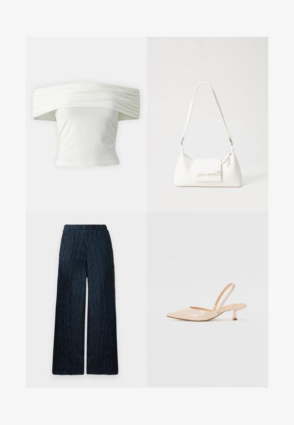 Schulterfreies weißes Oberteil mit gepufftem, strukturiertem Halsausschnitt und tailliertem Oberteil. Hergestellt aus weichsam Stoff mit glatter Textur.; Weite Beinform in dunkelblau mit strukturiertem, zerknittertem Stoff. Verfügt über einen elastischen Bund für Komfort und eine glatte Oberfläche.; Beige Lackleder Slingback-Pumps mit spitzem Vorderteil und einem schlanken, quadratischen Absatz. Glatte Textur und minimalistisches Design ohne Verzierungen.; Weiße synthetische Handtasche in dreieckiger Form, flache Vorderklappe und Schleifendetail, verstellbarer Trageriemen, glatte Textur und minimalistisches Design.