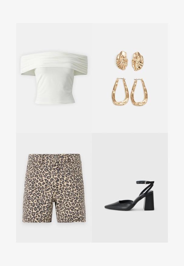 Off-the-shoulder white top with pleated, structured neckline and fitted bodice. Made from soft fabric with a smooth texture.; Leopard print denim shorts in beige and black. Classic five-pocket design with a button closure and belt loops. Smooth texture.; Black leather pointy-toe pump with an ankle strap and a chunky heel. Flat texture, sleek design, and minimalistic aesthetics.; Gold-tone earrings featuring textured, wavy shapes. Includes sculptural clip-on studs and open hoop design with a hammered finish.