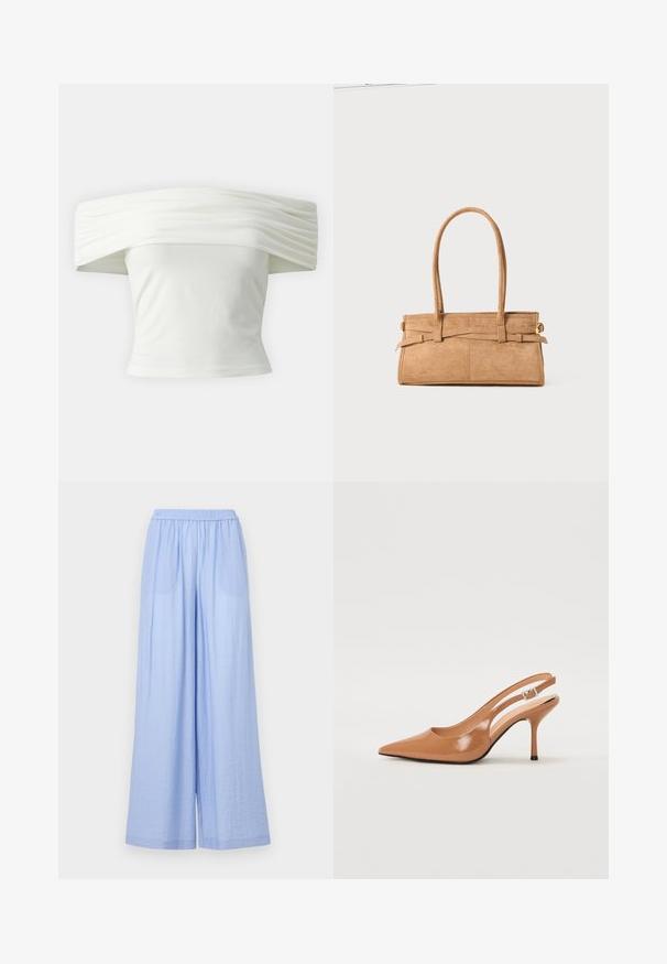 Váll alatt viselhető fehér blúz, redőzött, struktúrált dekoltázzsal és szabott, testhezálló fazonnal. Puha anyagból készült, sima textúrával.; Világoskék, bő szárú nadrág, texturált anyagból, rugalmas derékrésszel és két oldalsó zsebbel.; Fingerszűk, hegyes orrú, háttámlás sarokcipő sima, fényes barnás anyagból. Íves kivágású dizájn és karcsú stiletto sarkú. Ezüst csattal ellátva.; Barna nubuk bőr kézitáska, két hosszú fogantyúval, téglalap alakú, és díszítő varrással. Oldalszíja és diszkrét arany fém kiegészítők találhatók rajta.