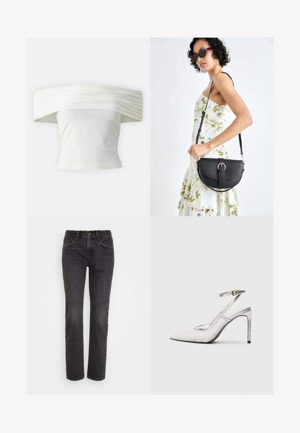 Top branco off-the-shoulder com decote plissado e estruturado e corpete ajustado. Feito de um tecido suave com uma textura lisa.; Calças de ganga pretas com corte reto, apresentando um design clássico de cinco bolsos, fecho com zíper e costura em contraste ao longo das costuras.; Shoe com salto stiletto claro e bico fino, material transparente, detalhes metálicos prateados e tira ajustável no tornozelo.; Bolsa de couro preta com forma curva, alça destacável e detalhes em dourado. A bolsa possui uma aba com detalhe de fivela.