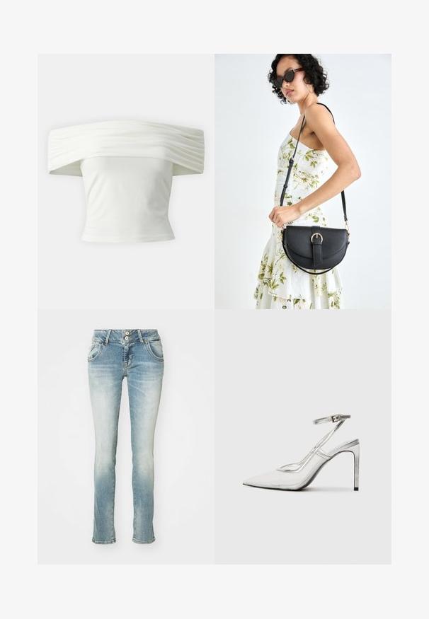 Õlavarrelt avatud valge topp, millel on volditud, struktureeritud kaelus ja istuv bodi. Valmistatud pehmest kangast, millel on sile tekstuur.; Heledad sinised denimpüksid, kulunud viimistlusega, sirge jala kujundusega, kahe esipocketiga ja kahe nööbiga kinnitamine vööl.; Selge stiletto-kontsaga king, terava varbaga, läbipaistvast materjalist, metalsete hõbedaste detailidega ja reguleeritava pahkluu rihmaga.; Mustmust mustraha kõverate joontega, eemaldatava rihmaga ja kuldsete detailidega. Kotil on klapp, millel on pandladetail.