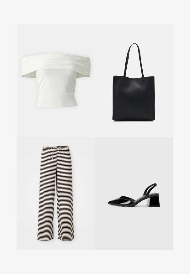 Off-the-shoulder white top with pleated, structured neckline and fitted bodice. Made from soft fabric with a smooth texture.; Striped pajama pants with a relaxed fit, made of soft fabric. Features alternating brown and cream horizontal stripes, and elastic waistband with drawstring.; Black patent leather slingback heels with a pointed toe and a geometric block heel. Features a sleek, minimal design and smooth texture.; Black leather tote bag with smooth texture, rectangular shape, and two long handles. No visible hardware or embellishments.