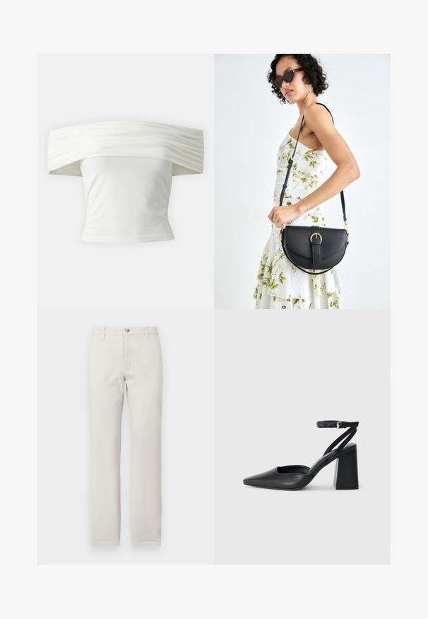 Off-shoulder hvit topp med plisserte, strukturerte ermer og tettsittende liv. Laget av mykt stoff med en jevn tekstur.; Beige bukser med rette ben, beltehemper, frontlukking med knapp og glidelås på en klar hvit bakgrunn.; Svart lær pumps med spiss tå, ankelrem og kraftig hæl. Flat tekstur, strømlinjeformet design og minimalisme.; Svart lærveske med en buet form, avtagbar stropp og gullbeslag. Vesken har et klaff med spenne-detall.