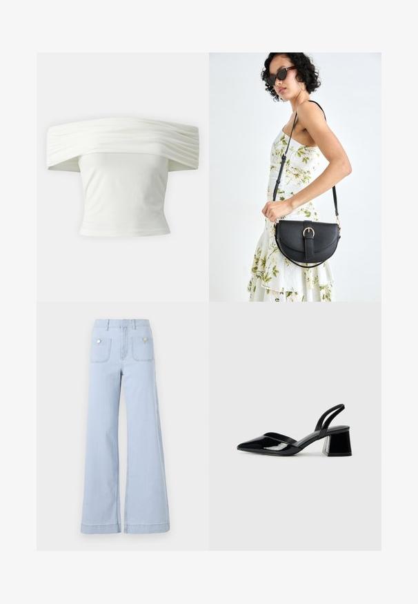 Bijela majica s nedovoljno ramena s nabranim, strukturiranim izrezom i uskim tijelom. Izrađena od mekanog materijala s glatkom teksturom.; Svijetloplave široke traperice od denima, s visokim strukom, velikim prednjim džepovima i metalnim detaljima na stražnjim džepovima.; Crne lakirane kožne sandale s otvorenom petom i špicastim vrhom, s geometrijskom blok petom. Imaju elegantan, minimalistički dizajn i glatku teksturu.; Crna kožna torba s lukovitim oblikom, odvojivim remenom i zlatnim detaljima. Torba ima preklop s kopčom.