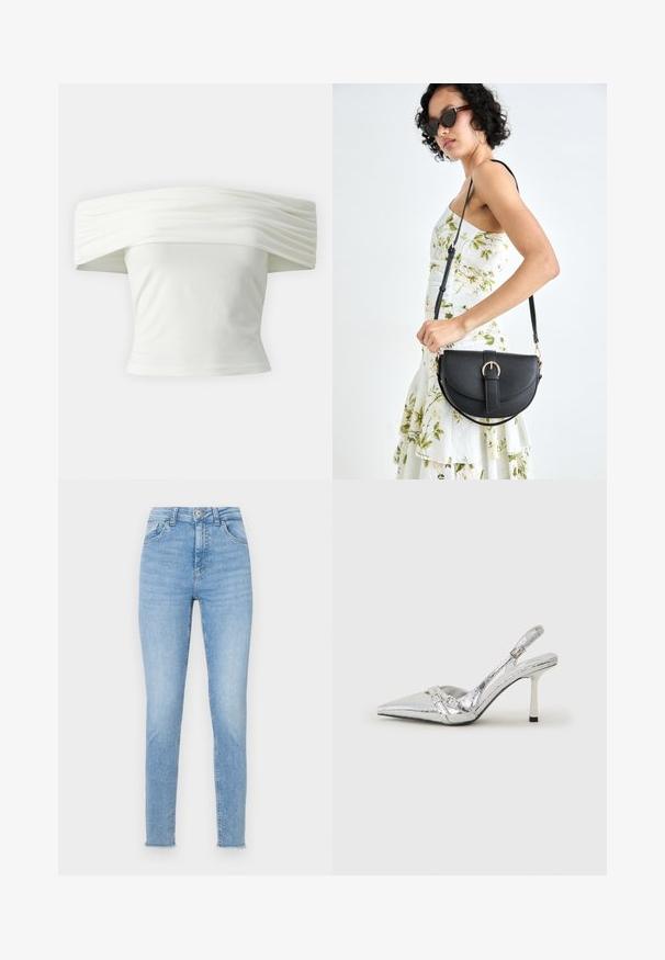 Balnko petnešos viršus su klostėta, struktūrine iškirpte ir prigludusia liemene. Pagamintas iš minkštos medžiagos su lygiu paviršiumi.; Šviesiai mėlynos aukšto juosmens džinsai, pagaminti iš džinsinio audinio, turintys prisitaikantį siluetą, penkių kišenių dizainą ir nebaigtus kraštus ties kulkšnimi.; Sidabriniai slingback aukštakulniai batai su smailia pavadinimu, metaliniu paviršiumi, dviem dekoratyvinėmis juostelėmis ir lieknu kulnu su juodu galiuku.; Juodas odinis krepšys su išlenkta forma, nuimamu dirželiu ir auksiniais detalėmis. Krepšys turi kilpą su sagtimi.; Sidabriniai auskarai-žiedai su lygiu, apvaliu dizainu ir blizgiu paviršiumi. Jie yra ploni ir lengvi, turintys paprastą užsegimą.