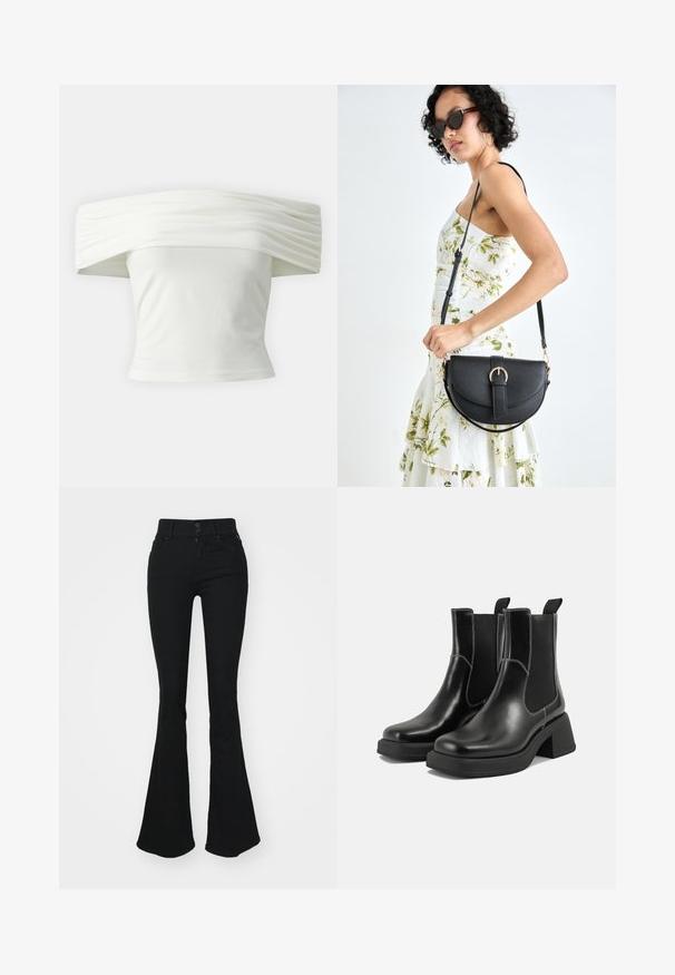 Balnko petnešos viršus su klostėta, struktūrine iškirpte ir prigludusia liemene. Pagamintas iš minkštos medžiagos su lygiu paviršiumi.; Juodos platėjančios džinsinės kelnės su aukšta juosmens linija, turinčios dvi priekinės sagas ir užtrauktuką. Pagamintos iš minkštos džinsinio audinio medžiagos su lygiu paviršiumi.; Juodos odinės Chelsea botai su storiu kulnu, elastinėmis šoninėmis panelėmis ir kontrastinga balta siūle. Tekstūruota apdaila.; Juodas odinis krepšys su išlenkta forma, nuimamu dirželiu ir auksiniais detalėmis. Krepšys turi kilpą su sagtimi.; Sidabrinės auskarai žiedai su sėslia, apvalia forma, pasižymintys lygia paviršiumi ir be matomų puošmenų. Svoris nenurodytas.