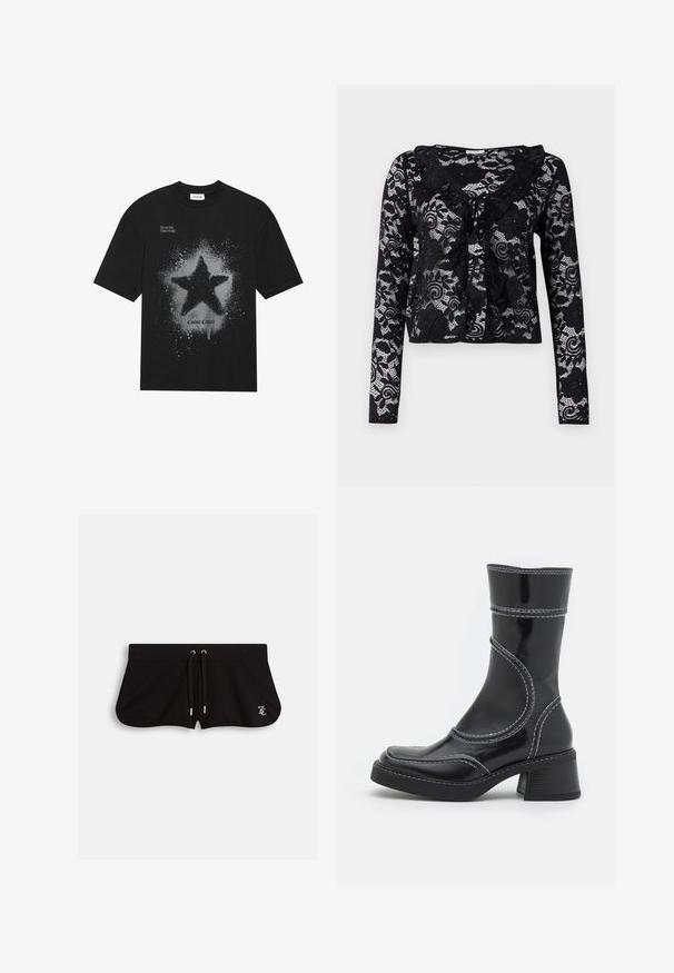 Black cotton t-shirt featuring a large gray star graphic with a splatter effect. Text reads "Dream Big Shine Bright" above and "Cosmic Couture" below.; Black lace cardigan with long sleeves, floral patterns, ruffled collar, open front design, and tie detail at the neckline.; Black shorts made from soft fabric, featuring a drawstring waist, side slits, and a small embroidered logo on the front.; Black patent leather ankle boot with white stitching, rounded toe, and block heel. Features curved design lines and a smooth texture.