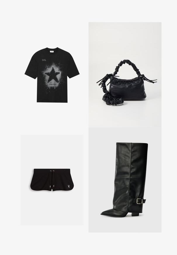 Melna kokvilnas t-krekls ar lielu pelēku zvaigžņu grafiku un pleķu efektu. Virs teksts "Sapņo lielu, spīdīgi mirdzi" un zem tā "Kosmiska modes".; Melnas mežģīņu kardigāns ar garām piedurknēm, ziedu rakstiem, viļņotu apkakli, atvērtu priekšpusi un saitītes detaļu ap kaklu.; Melnas šorti, izgatavoti no mīksta auduma, ar aukliņu viduklī, sānu iegriezumiem un mazu izšuvumu logotipu priekšpusē.; Melni ādas potītes zābaki ar asu purngalu, gludu virsmu un sudraba sprādzi uz sāniem. Masīvs kvadrātveida papēdis.; Melnā mākslīgās ādas rokassoma ar krokodila rakstu, savilkta augšdaļa un saburzīta siksna. Izskatās mīksta un kompakta pēc dizaina.