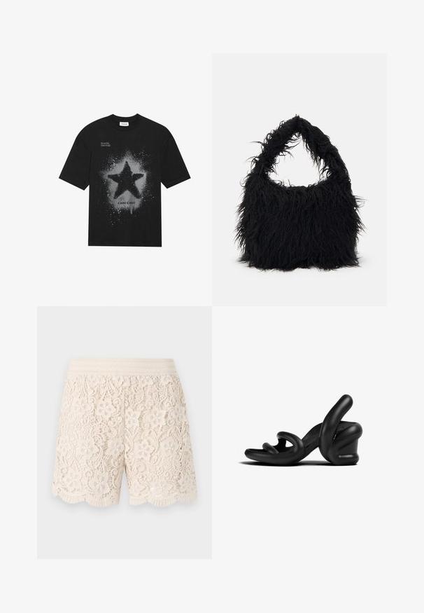 Schwarzes Baumwoll-T-Shirt mit einem großen grauen Sterne-Graphic im Spritz-Effekt. Der Text "Dream Big Shine Bright" steht darüber und "Cosmic Couture" darunter.; Spitzen-Shorts in Elfenbein mit floralem Muster, gewelltem Saum und elastischem Bund, die auf dem gesamten Stoff mit aufwändigen Details versehen sind.; Schwarze hochhackige Sandalen mit einem skulpturalen Designs aus Gummi. Mit geschwungenen Riemen und einem dicken Absatz. Glatte, matte Textur.; Even&Odd Shopping Bag - black