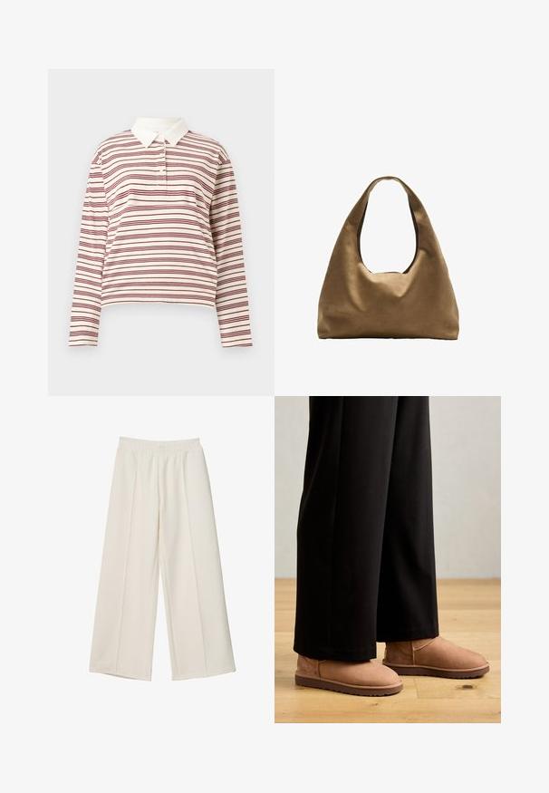 Krémová polo košile s dlouhým rukávem a tenkými maroon pruhy, s klasickým límcem a patkou na tři knoflíky, vyrobená z měkké látky.; Bílé kalhoty širokého střihu s elastickým pasem a předním švem, vyrobené z hladké tkaniny.; Hnědé semišové kotníkové boty s plochou gumovou podrážkou, kulatou špičkou a minimálním prošíváním, nošené s černými širokými kalhotami na dřevěné podlaze.; Hnědá textilní taška přes rameno s širokým, zaobleným tvarem a velkým výřezem na rukojeť. Měkká textura, minimalistický design a žádné viditelné kovové prvky.