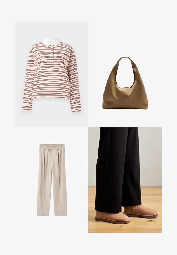 Long-sleeve polo shirt in cream with thin maroon stripes, featuring a classic collar and three-button placket, made of soft fabric.; Light beige wide-leg trousers made from textured fabric with subtle vertical stripes, featuring an elastic waistband for comfort.; Brown suede ankle boots with a flat rubber sole, rounded toe, and minimal stitching, worn with black wide-leg pants on a wooden floor.; Brown fabric shoulder bag with a wide, rounded body and a large cutout handle. Soft texture, minimalistic design, and no visible hardware.