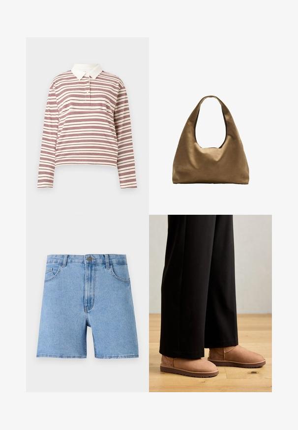 Long-sleeve polo shirt in cream with thin maroon stripes, featuring a classic collar and three-button placket, made of soft fabric.; Light blue denim shorts with a high waist, five pockets, and a single metal button closure at the front. Smooth texture, straight cut.; Brown suede ankle boots with a flat rubber sole, rounded toe, and minimal stitching, worn with black wide-leg pants on a wooden floor.; Brown fabric shoulder bag with a wide, rounded body and a large cutout handle. Soft texture, minimalistic design, and no visible hardware.