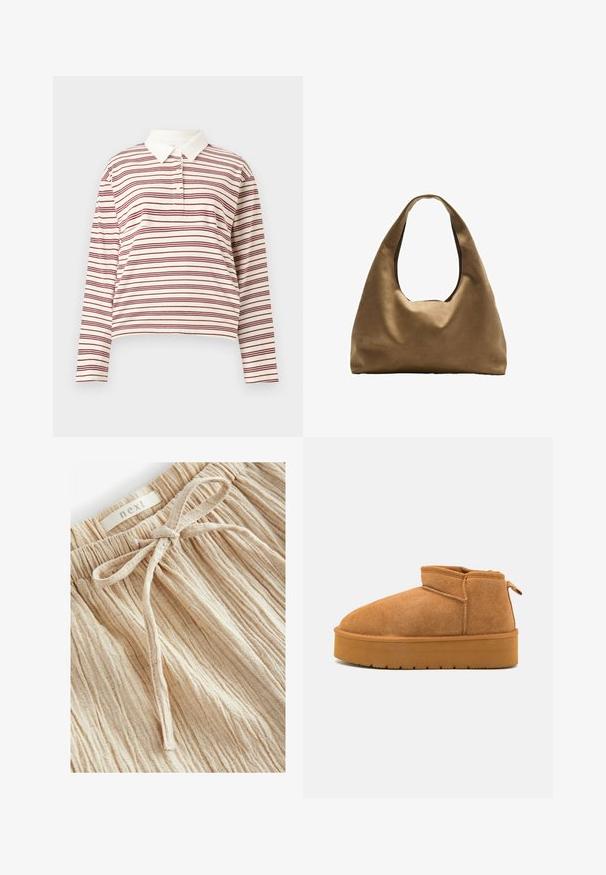 Polo à manches longues en crème avec de fines rayures bordeaux, présentant un col classique et une patte de boutonnage à trois boutons, fabriqué en tissu doux.; Shorts beige texturés avec une taille froncée et un détail de lien à l'avant, fabriqués en tissu léger avec de fines lignes verticales.; Bottines en nubuck marron avec un bout arrondi, une conception basse et une semelle en caoutchouc texturée comportant une légère plateforme et une languette.; Sac à épaule en tissu marron avec un corps large et arrondi et une grande poignée découpée. Texture douce, design minimaliste et aucun matériel visible.