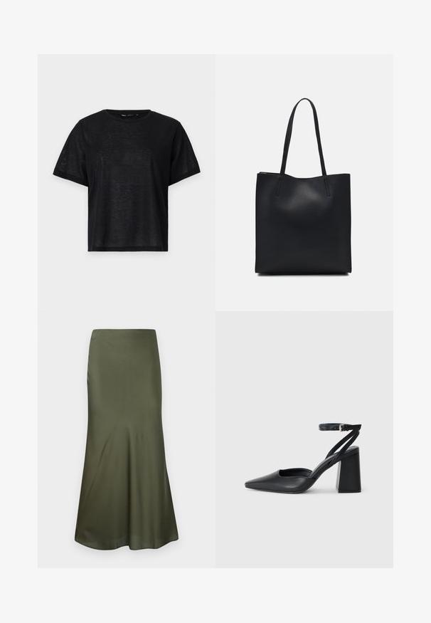 Tricou negru cu mânecă scurtă, cu o croială lejeră, având o textură netedă și un decolteu rotund. Material ușor cu un luciu subtil.; Fustă midi ajustată, de culoare verde măslin, din material satinat, cu tiv evazat, prezentată pe un fundal alb.; Pantofii cu toc ascuțit din piele neagră, cu breteaua pentru glezne și toc gros. Textură netedă, design elegant și estetică minimală.; Geantă tote neagră din piele, cu textură netedă, formă rectangulară și două mânere lungi. Fără hardware vizibil sau ornamente.