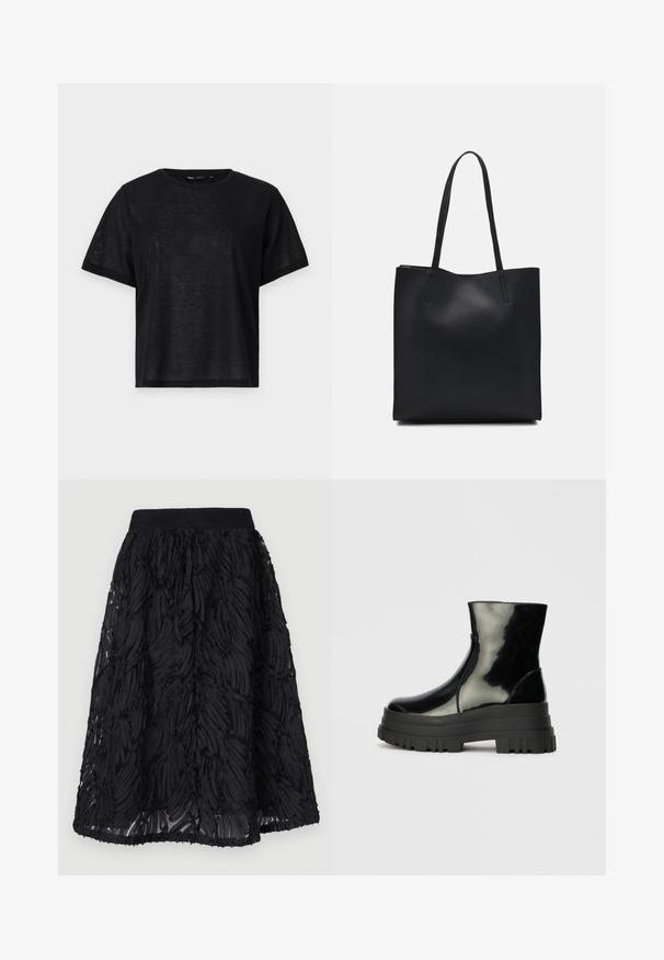 Must musta lühikese varrukaga T-särk, millel on vabalt langev lõige, sile tekstuur ja ümmargune kaelus. Kerge kangas, millel on kerge sära.; Must mustre, millel on tekstuuriga disain korduvate laineliste mustritega. Kangas näib olema kerge, kogutud vöökoht ja voogav äär.; Must mustakate läikiv ankle boot paksu lõkkeka üle ja ümarate varvastega, külgvaates halli ühtlase taustal.; Mustast nahast kott sujuva tekstuuriga, ristkülikukujuline ja kahe pika sangaga. Pole nähtavat riistvara ega kaunistusi.