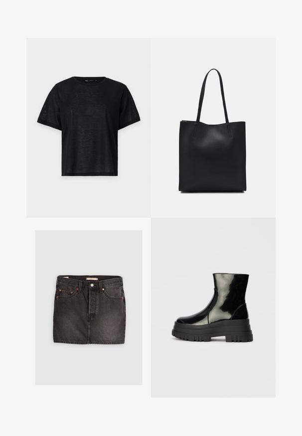 Tricou negru cu mânecă scurtă, cu o croială lejeră, având o textură netedă și un decolteu rotund. Material ușor cu un luciu subtil.; Fustă din denim negru cu cinci buzunare, închidere cu nasture metalic și cusături portocalii contrastante. Prezintă o croială dreaptă și o distresare minimă.; Botine negre, lucioase, până la gleznă, cu talpă groasă și vârf rotund, vedere laterală pe un fundal gri deschis, simplu.; Geantă tote neagră din piele, cu textură netedă, formă rectangulară și două mânere lungi. Fără hardware vizibil sau ornamente.