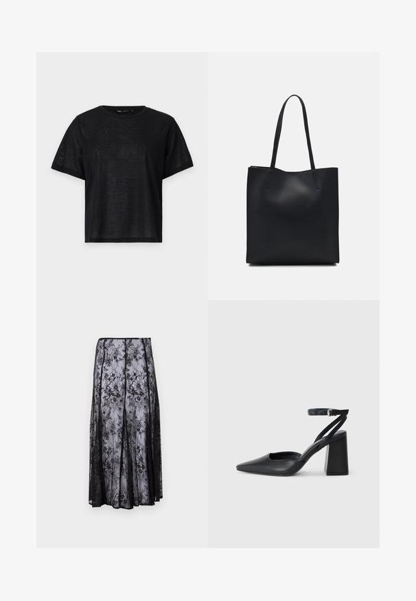 Black short-sleeve t-shirt with a relaxed fit, featuring a smooth texture and a crew neckline. Lightweight fabric with a subtle sheen.; Black lace skirt featuring floral patterns, a flowing silhouette, and a scalloped hem, highlighting a delicate and transparent texture.; Black leather pointy-toe pump with an ankle strap and a chunky heel. Flat texture, sleek design, and minimalistic aesthetics.; Black leather tote bag with smooth texture, rectangular shape, and two long handles. No visible hardware or embellishments.