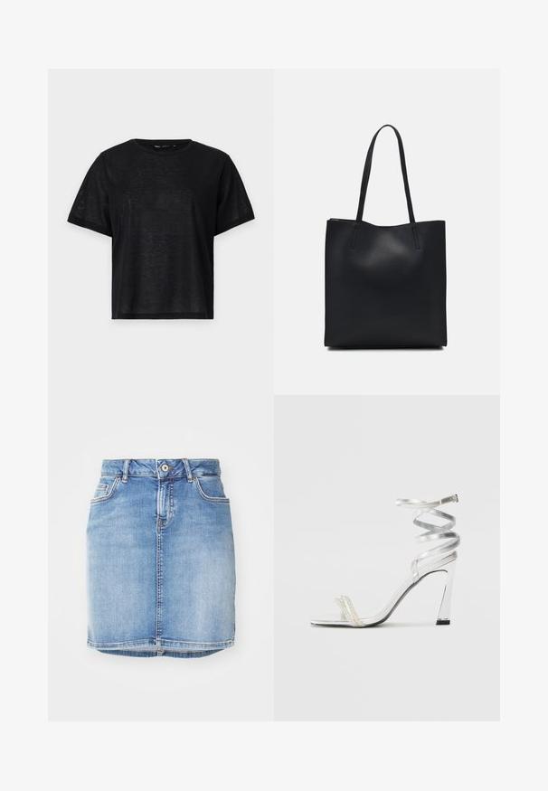 Tricou negru cu mânecă scurtă, cu o croială lejeră, având o textură netedă și un decolteu rotund. Material ușor cu un luciu subtil.; Fustă din denim bleu deschis, cu un design ajustat, cinci buzunare și cusături vizibile. Include o închidere cu nasturi în față și un detaliu de tiv desfăcut.; Sandale argintii cu toc înalt, cu un design strălucitor al baretei, având un accent asemănător unei perle și o curea spiralată pentru prindere sigură.; Geantă tote neagră din piele, cu textură netedă, formă rectangulară și două mânere lungi. Fără hardware vizibil sau ornamente.