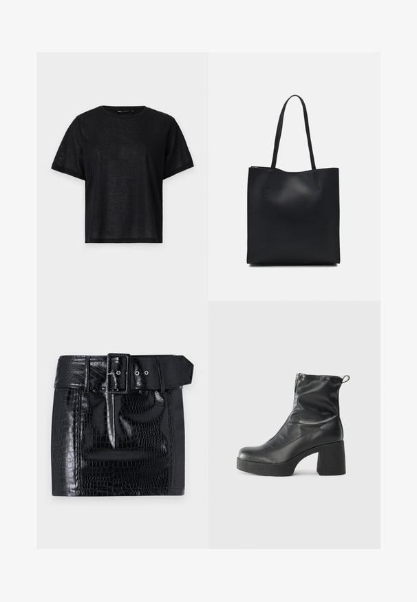 Tricou negru cu mânecă scurtă, cu o croială lejeră, având o textură netedă și un decolteu rotund. Material ușor cu un luciu subtil.; Fustă mini din piele eco neagră, cu un model de crocodil, curea lată cu cataramă pătrată și detalii cu buton prin presiune la talie.; Bocanci negri de glezna din piele netedă, cu fermoar lateral, toc texturat și masiv, și design cu vârf rotund.; Geantă tote neagră din piele, cu textură netedă, formă rectangulară și două mânere lungi. Fără hardware vizibil sau ornamente.