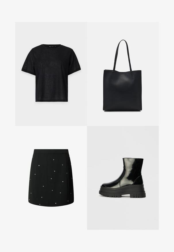 T-shirt preto de manga curta com um corte descontraído, apresentando uma textura suave e um decote redondo. Tecido leve com um brilho subtil.; Saia preta feita de um tecido com textura suave, apresentando tachas prateadas espalhadas como detalhes. Corte reto com uma bainha limpa.; Bota de tornozelo preta e brilhante com sola grossa e arredondada, vista lateral sobre fundo cinza claro.; Bolsa tote preta em couro com textura lisa, forma retangular e duas alças longas. Sem hardware ou enfeites visíveis.