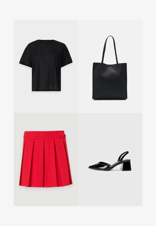 T-shirt noir à manches courtes avec une coupe décontractée, présentant une texture lisse et un col rond. Tissu léger avec un subtil éclat.; Jupe plissée rouge en tissu lisse. Dotée d'une taille avec passants de ceinture et de plis structurés pour plus de volume.; Escarpins en cuir verni noir avec bout pointu et talon bloc géométrique. Présente un design élégant et minimaliste ainsi qu'une texture lisse.; Sac fourre-tout en cuir noir avec une texture lisse, de forme rectangulaire et deux longues poignées. Pas de matériel ou d'ornementations visibles.