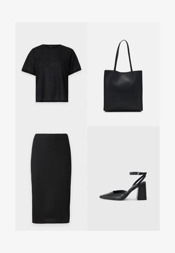 Melnas īsā piedurkņu T-kreklis ar brīvu piegriezumu, ar gludu tekstūru un apaļu kakla izgriezumu. Viegls audums ar smalku spīdumu.; Melnā ribotā zīmuļsvārku izgaismo piegādājumus, pieguļošs dizains, gluda tekstūra un ceļgala garuma griezums. Vienkārša josta bez rotājumiem.; Melna ādas augstpapēžu kurpe ar norakstīto purngala formu, potītes siksniņu un masīlu papēdi. Gluda tekstūra, elegants dizains un minimālisma estētika.; Melnas ādas somiņa ar gludu tekstūru, taisnstūra formu un divām garām rokturiem. Nav redzamu aparatūras vai rotājumu.