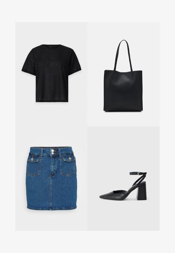 T-shirt preto de manga curta com um corte descontraído, apresentando uma textura suave e um decote redondo. Tecido leve com um brilho subtil.; Saia mini de ganga, azul escuro, apresenta uma cintura alta com dois botões frontais, design de cinco bolsos e costura contrastante ao longo da bainha.; Sandal com biqueira afilada em couro preto, com cinta no tornozelo e salto grosso. Textura lisa, design elegante e estética minimalista.; Bolsa tote preta em couro com textura lisa, forma retangular e duas alças longas. Sem hardware ou enfeites visíveis.