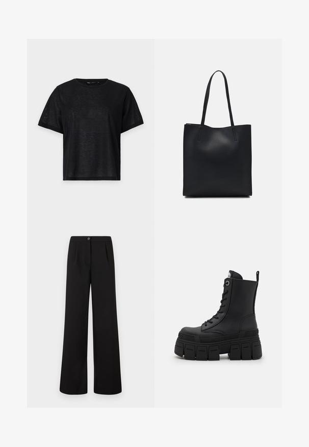 Fekete, rövid ujjú póló laza szabással, sima textúrával és kerek nyakkivágással. Könnyű anyag, finom fénylő hatással.; Fekete, magas derékú, széles szárú nadrág elöl gombos és cipzáros záródással, a derékpánt alatt finom redőzéssel.; Buffalo GOSPHER LACE UP MID - Fűzős bokacsizmák - black; Fekete bőrtáska sima felszínnel, téglalap alakú, két hosszú füllel. Nincs látható fémkiegészítő vagy díszítés.