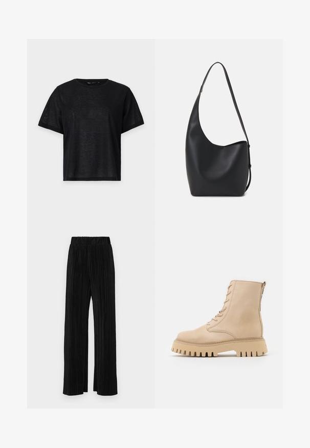 Tricou negru cu mânecă scurtă, cu o croială lejeră, având o textură netedă și un decolteu rotund. Material ușor cu un luciu subtil.; Pantaloni negri plisati cu talie elastică. Prezintă picioare largi și un material neted, texturat, cu dungi verticale.; Botine din piele bej, cu vârf rotund, șireturi în față și fermoar pe lateral, având o talpă groasă, zimțată.; Geantă hobo din piele neagră, cu o textură netedă, formă curbată și un singur bretele ajustabil; are o deschidere largă în partea de sus.