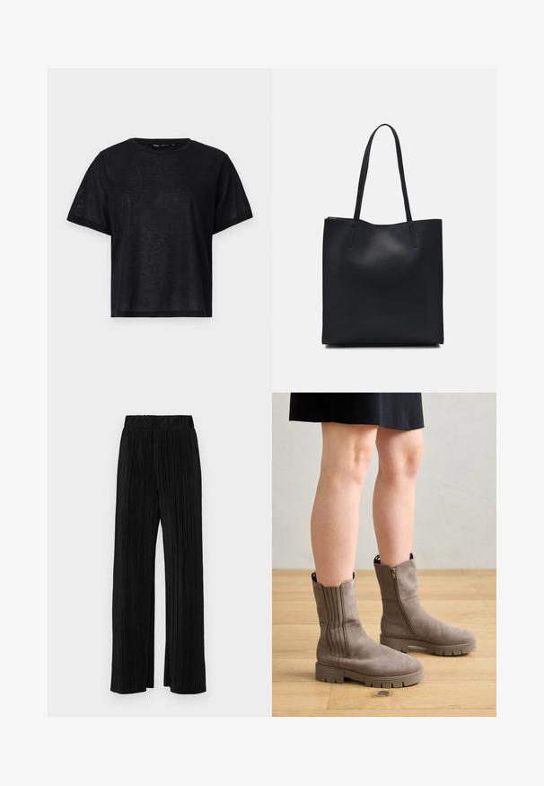 Melnas īsā piedurkņu T-kreklis ar brīvu piegriezumu, ar gludu tekstūru un apaļu kakla izgriezumu. Viegls audums ar smalku spīdumu.; Melni plīšu bikses ar elastīgu jostu. Tām ir platākas kājas un gluda, teksturēta auduma ar vertikālām svītrām.; Taupe krēpes līdz potītei ar gludu zamša apdari, kurām ir vertikālas šuvju detaļas, sānu rāvējslēdzis un masīvs gumijas zole.; Melnas ādas somiņa ar gludu tekstūru, taisnstūra formu un divām garām rokturiem. Nav redzamu aparatūras vai rotājumu.