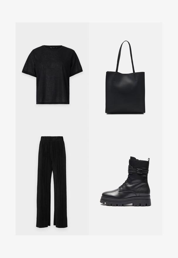 T-shirt nera a maniche corte con una vestibilità rilassata, caratterizzata da una texture liscia e un collo a giro. Tessuto leggero con una leggera lucentezza.; Pantaloni neri a plissé con vita elasticizzata. Presentano gamba ampia e un tessuto liscio e texture con strisce verticali.; Stivale alla caviglia in pelle nera con punta rotonda, chiusura con lacci frontale, dettaglio con fibbia sul lato e suola in gomma spessa.; Borsa tote in pelle nera con texture liscia, forma rettangolare e due manici lunghi. Nessun hardware o decorazione visibile.