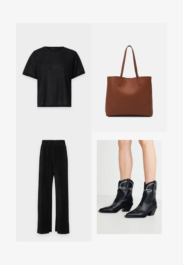 Black short-sleeve t-shirt with a relaxed fit, featuring a smooth texture and a crew neckline. Lightweight fabric with a subtle sheen.; Black pleated trousers with an elastic waistband. Features wide legs and a smooth, textured fabric with vertical stripes.; Black leather cowboy boots with white stitching worn on bare legs, featuring pointed toes and angled block heels on a plain light floor.; Brown leather tote bag with a smooth texture, open top design, and two shoulder straps. Features minimal stitching and no visible hardware.