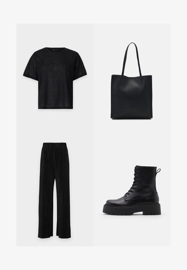 Tricou negru cu mânecă scurtă, cu o croială lejeră, având o textură netedă și un decolteu rotund. Material ușor cu un luciu subtil.; Pantaloni negri plisati cu talie elastică. Prezintă picioare largi și un material neted, texturat, cu dungi verticale.; Botine din piele neagră, până la gleznă, cu vârful rotund, șireturi în față și o talpă groasă din cauciuc cu un model texturat. Fâșie de tragere la spate.; Geantă tote neagră din piele, cu textură netedă, formă rectangulară și două mânere lungi. Fără hardware vizibil sau ornamente.