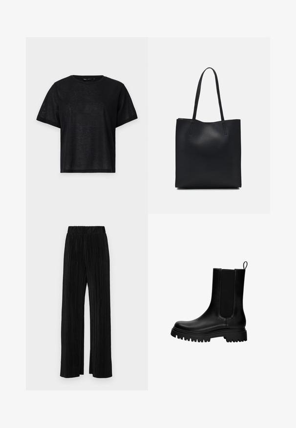 Fekete, rövid ujjú póló laza szabással, sima textúrával és kerek nyakkivágással. Könnyű anyag, finom fénylő hatással.; Fekete pliszírozott nadrág gumis derekkal. Széles lábakkal rendelkezik, sima, texturált anyagból készült, függőleges csíkokkal.; Fekete bőr bokacsizma elasztikus oldalpanelekkel, húzófüllel és vastag, robusztus talppal. Simább textúra modern dizájnnal.; Fekete bőrtáska sima felszínnel, téglalap alakú, két hosszú füllel. Nincs látható fémkiegészítő vagy díszítés.
