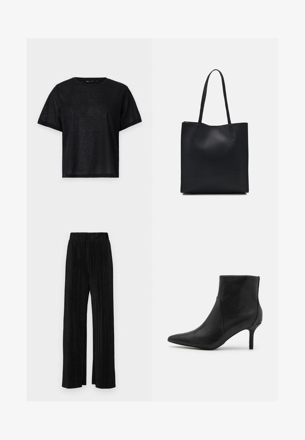 Black short-sleeve t-shirt with a relaxed fit, featuring a smooth texture and a crew neckline. Lightweight fabric with a subtle sheen.; Black pleated trousers with an elastic waistband. Features wide legs and a smooth, textured fabric with vertical stripes.; Anna Field Ankle boots - black; Black leather tote bag with smooth texture, rectangular shape, and two long handles. No visible hardware or embellishments.