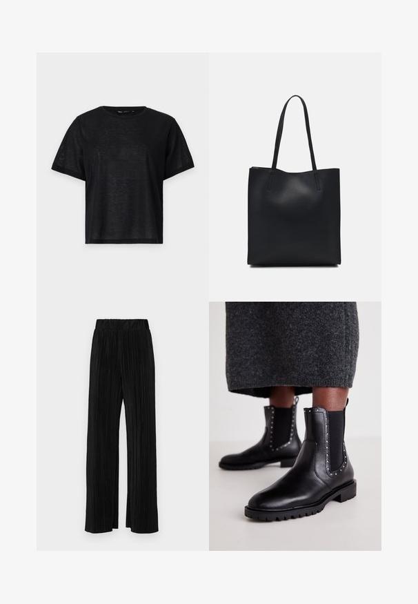 Must musta lühikese varrukaga T-särk, millel on vabalt langev lõige, sile tekstuur ja ümmargune kaelus. Kerge kangas, millel on kerge sära.; Mustad pleekitud püksid elastse vöökohtaga. Omavad laiad jalad ja sujuvat, tekstureeritud kangast vertikaalsete triipudega.; Mustad mustad mustadustega mustad nahast pahkluu saapad, elastsed külgpaneelid, äärtes kaunistused ja tekstureeritud kummist tallad haardeks.; Mustast nahast kott sujuva tekstuuriga, ristkülikukujuline ja kahe pika sangaga. Pole nähtavat riistvara ega kaunistusi.