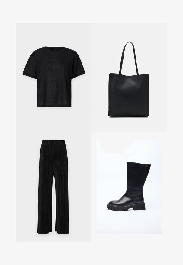 Must musta lühikese varrukaga T-särk, millel on vabalt langev lõige, sile tekstuur ja ümmargune kaelus. Kerge kangas, millel on kerge sära.; Mustad pleekitud püksid elastse vöökohtaga. Omavad laiad jalad ja sujuvat, tekstureeritud kangast vertikaalsete triipudega.; Mustmust mustelakast tõusuga must nahast saabas, millel on paks tald, sujuva tekstuuriga, ümar nina ja minimalistik siluett.; Mustast nahast kott sujuva tekstuuriga, ristkülikukujuline ja kahe pika sangaga. Pole nähtavat riistvara ega kaunistusi.