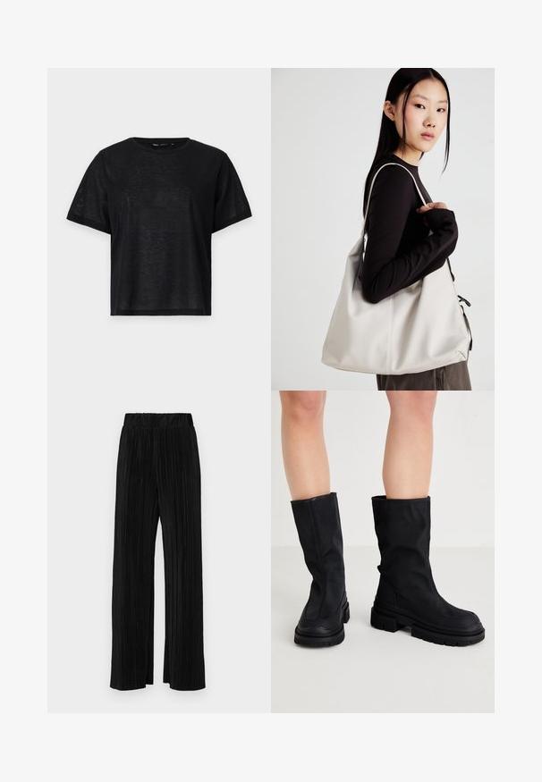 T-shirt preto de manga curta com um corte descontraído, apresentando uma textura suave e um decote redondo. Tecido leve com um brilho subtil.; Calças pregueadas pretas com uma cintura elástica. Apresentam pernas largas e um tecido liso, texturizado com riscas verticais.; Botas pretas até ao joelho feitas de um material têxtil liso com uma sola de borracha grossa, apresentando um design minimalista e detalhes de costura subtis.; Uma bolsa bege feita de material macio, com um design descontraído, detalhes de costura e duas alças para o ombro. Adequada para uso diário.