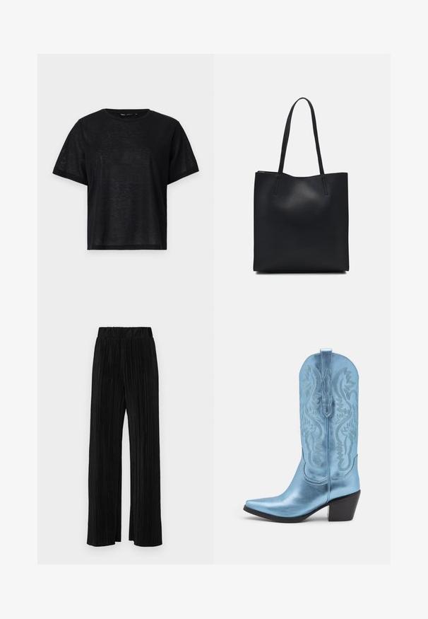 T-shirt noir à manches courtes avec une coupe décontractée, présentant une texture lisse et un col rond. Tissu léger avec un subtil éclat.; Pantalons plissés noirs avec une taille élastique. Présente des jambes larges et un tissu lisse texturé avec des rayures verticales.; Botte de cowboy en métal bleu avec un bout pointu, des coutures décoratives et un petit talon en bloc. Texture lisse avec des détails en relief intriqués.; Sac fourre-tout en cuir noir avec une texture lisse, de forme rectangulaire et deux longues poignées. Pas de matériel ou d'ornementations visibles.