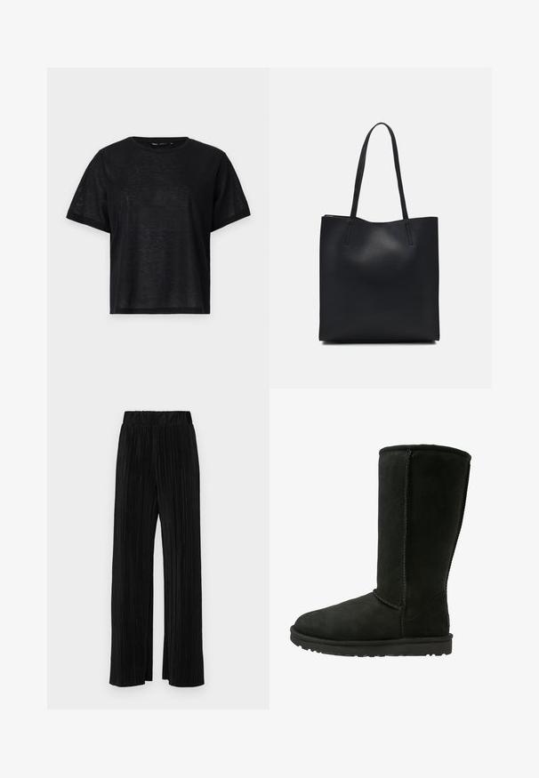 Must musta lühikese varrukaga T-särk, millel on vabalt langev lõige, sile tekstuur ja ümmargune kaelus. Kerge kangas, millel on kerge sära.; Mustad pleekitud püksid elastse vöökohtaga. Omavad laiad jalad ja sujuvat, tekstureeritud kangast vertikaalsete triipudega.; Must ja sueded kõrge saapad, millel on ümar varvas, õmmeldud õmblused ja tekstuuriga kummitald. Lihtne disain, ilma dekoratiivsete elementideta.; Mustast nahast kott sujuva tekstuuriga, ristkülikukujuline ja kahe pika sangaga. Pole nähtavat riistvara ega kaunistusi.