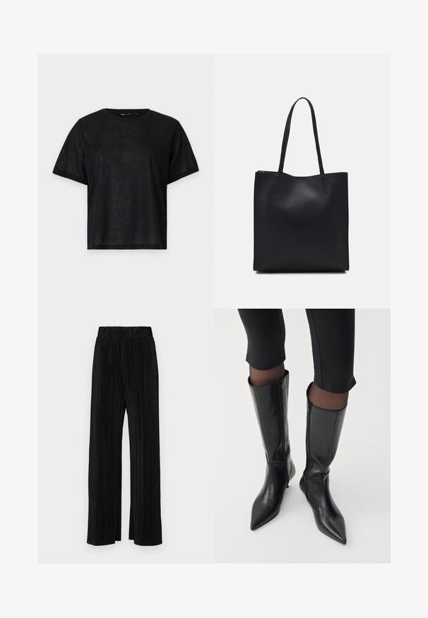 Must musta lühikese varrukaga T-särk, millel on vabalt langev lõige, sile tekstuur ja ümmargune kaelus. Kerge kangas, millel on kerge sära.; Mustad pleekitud püksid elastse vöökohtaga. Omavad laiad jalad ja sujuvat, tekstureeritud kangast vertikaalsete triipudega.; Mustad nahast põlvini ulatuvad saapad terava ninaga ja tõmblukkudega, millel on voolav disain ja läikiv tekstuur.; Mustast nahast kott sujuva tekstuuriga, ristkülikukujuline ja kahe pika sangaga. Pole nähtavat riistvara ega kaunistusi.