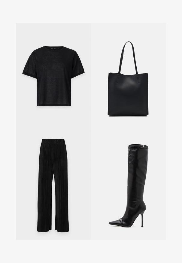 Black short-sleeve t-shirt with a relaxed fit, featuring a smooth texture and a crew neckline. Lightweight fabric with a subtle sheen.; Black pleated trousers with an elastic waistband. Features wide legs and a smooth, textured fabric with vertical stripes.; Simmi London PALACE - Boots - black; Black leather tote bag with smooth texture, rectangular shape, and two long handles. No visible hardware or embellishments.